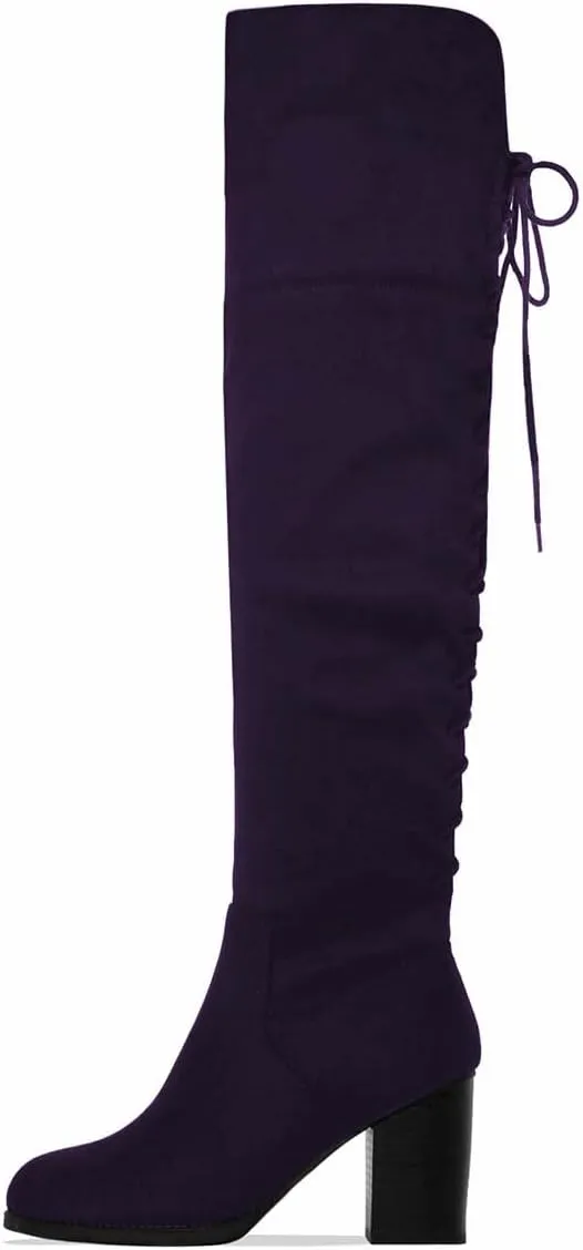 XYD Women Back Lace Up Knee High Boots Suede Chunky Mid Heel Stretch Sexy Thigh High Plicate Pull On Style Round Toe Winter Warm Dress Shoes