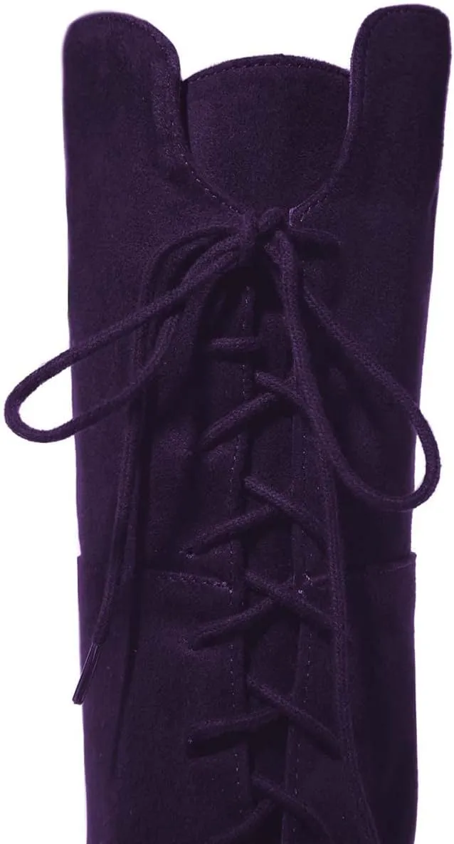 XYD Women Back Lace Up Knee High Boots Suede Chunky Mid Heel Stretch Sexy Thigh High Plicate Pull On Style Round Toe Winter Warm Dress Shoes