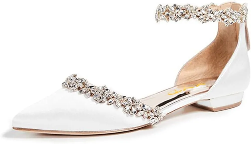 XYD Women Classic Pointed Toe D'Orsay Wedding Flat Sandals Sparkly Rhinestones Ankle Strap Low Heel Dress Shoes with Zipper (Size 11, White)