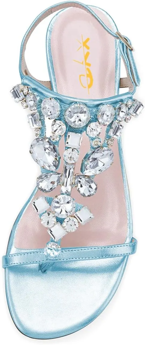 XYD Women T-Strap Flat Sandals Open Toe Rhinestone Slingback Low Heel Ankle Strap Summer Shoes