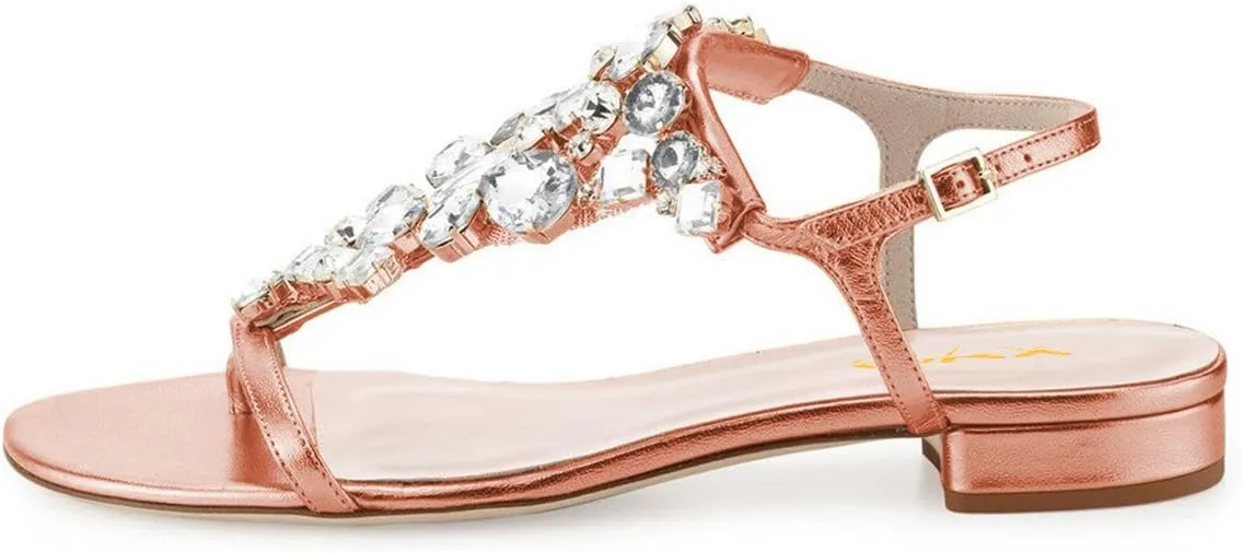 XYD Women T-Strap Flat Sandals Open Toe Rhinestone Slingback Low Heel Ankle Strap Summer Shoes