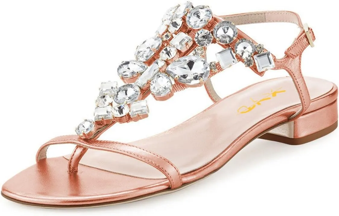 XYD Women T-Strap Flat Sandals Open Toe Rhinestone Slingback Low Heel Ankle Strap Summer Shoes