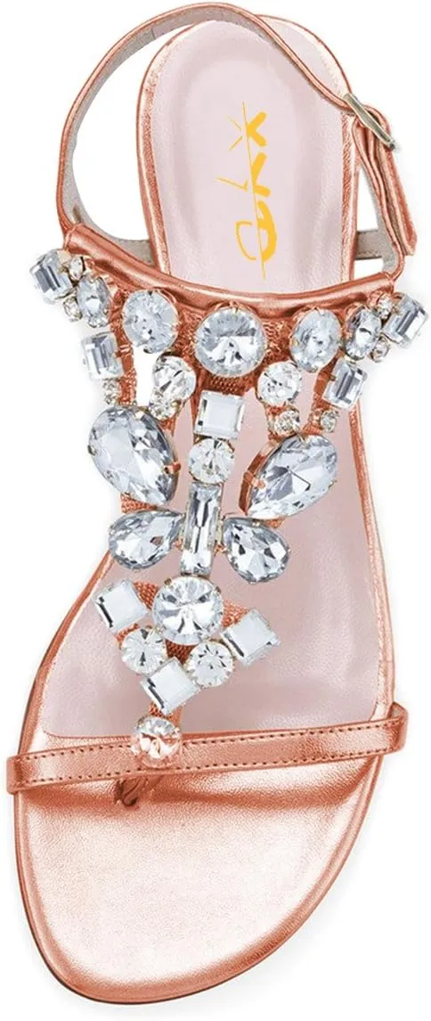 XYD Women T-Strap Flat Sandals Open Toe Rhinestone Slingback Low Heel Ankle Strap Summer Shoes