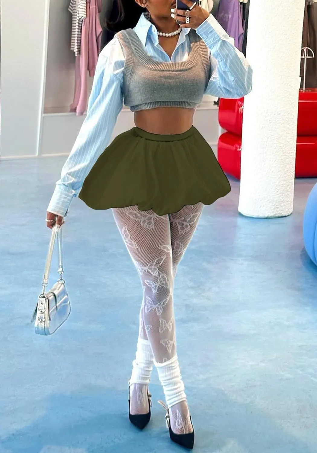 XZLUFNY Women Y2K Bubble Short Skirt Elastic High Waist Pleated Puffy Balloon Mini Skirts