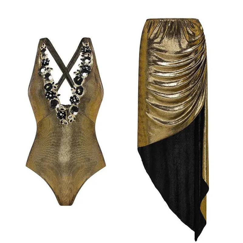 Yara Metallic Embroidery Swimsuit & Midi Skirt Coord Set