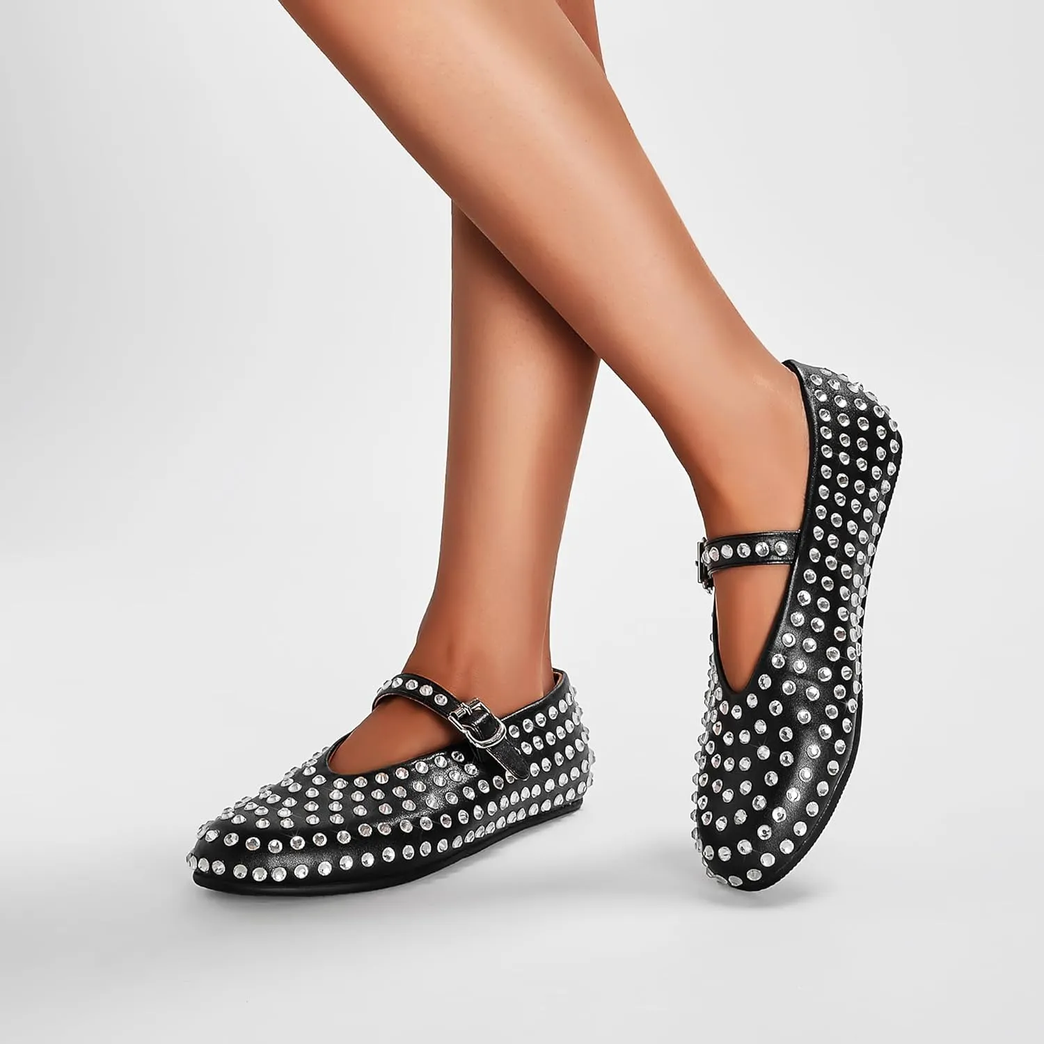 Yishaweiqi Crystal Rhinestone Flats for Women Buckle Strap Mary Jane Flats Glitter Studded Ballet Flats Comfortable Round Toe Casual Ballerina Dress Shoes