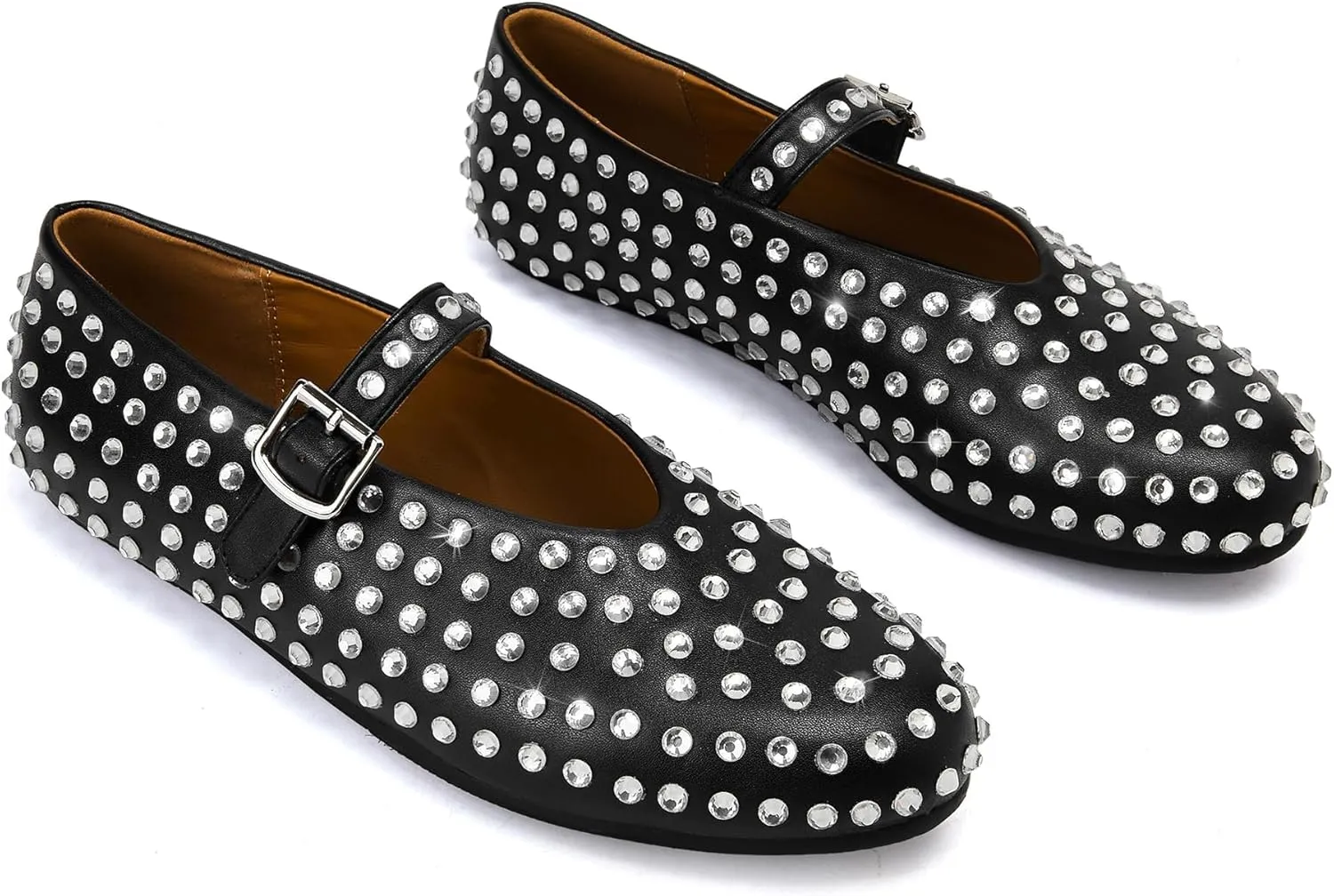 Yishaweiqi Crystal Rhinestone Flats for Women Buckle Strap Mary Jane Flats Glitter Studded Ballet Flats Comfortable Round Toe Casual Ballerina Dress Shoes