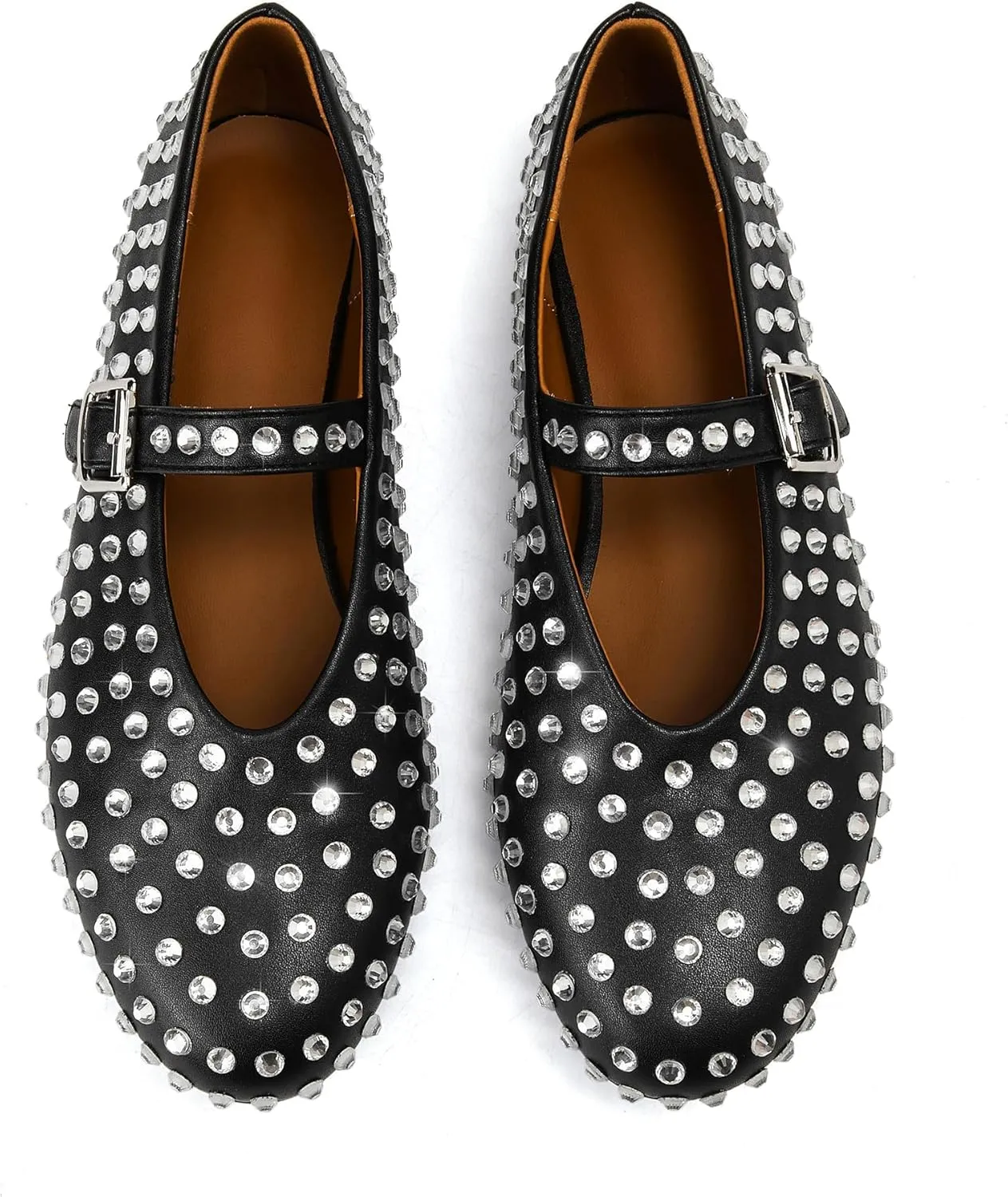 Yishaweiqi Crystal Rhinestone Flats for Women Buckle Strap Mary Jane Flats Glitter Studded Ballet Flats Comfortable Round Toe Casual Ballerina Dress Shoes