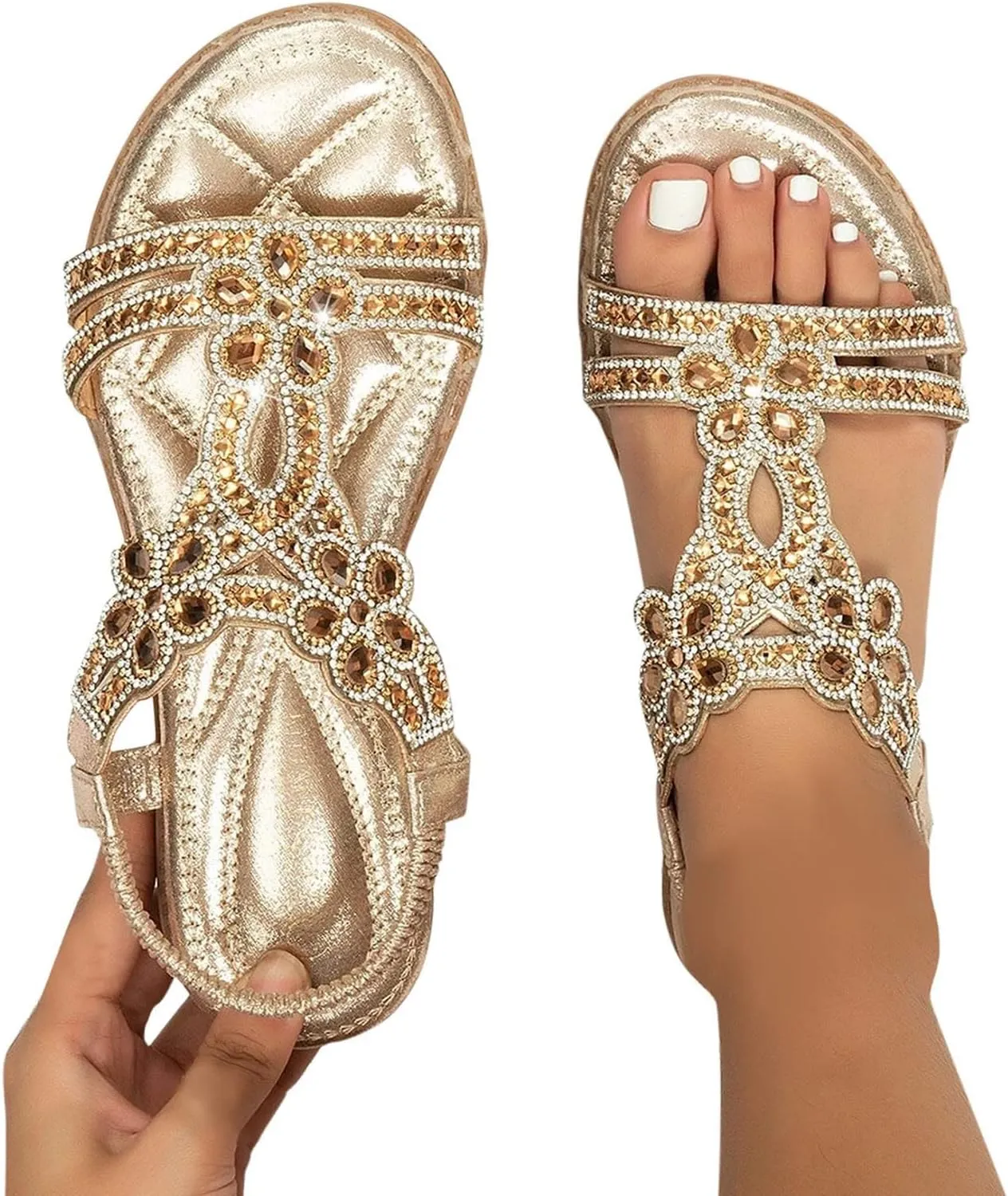 ZBYY Women's Summer Rhinestone Flat Sandals Comfort Bohemian Beach Elastic Ankle Strap Shoes Open Toe Sandals for Women