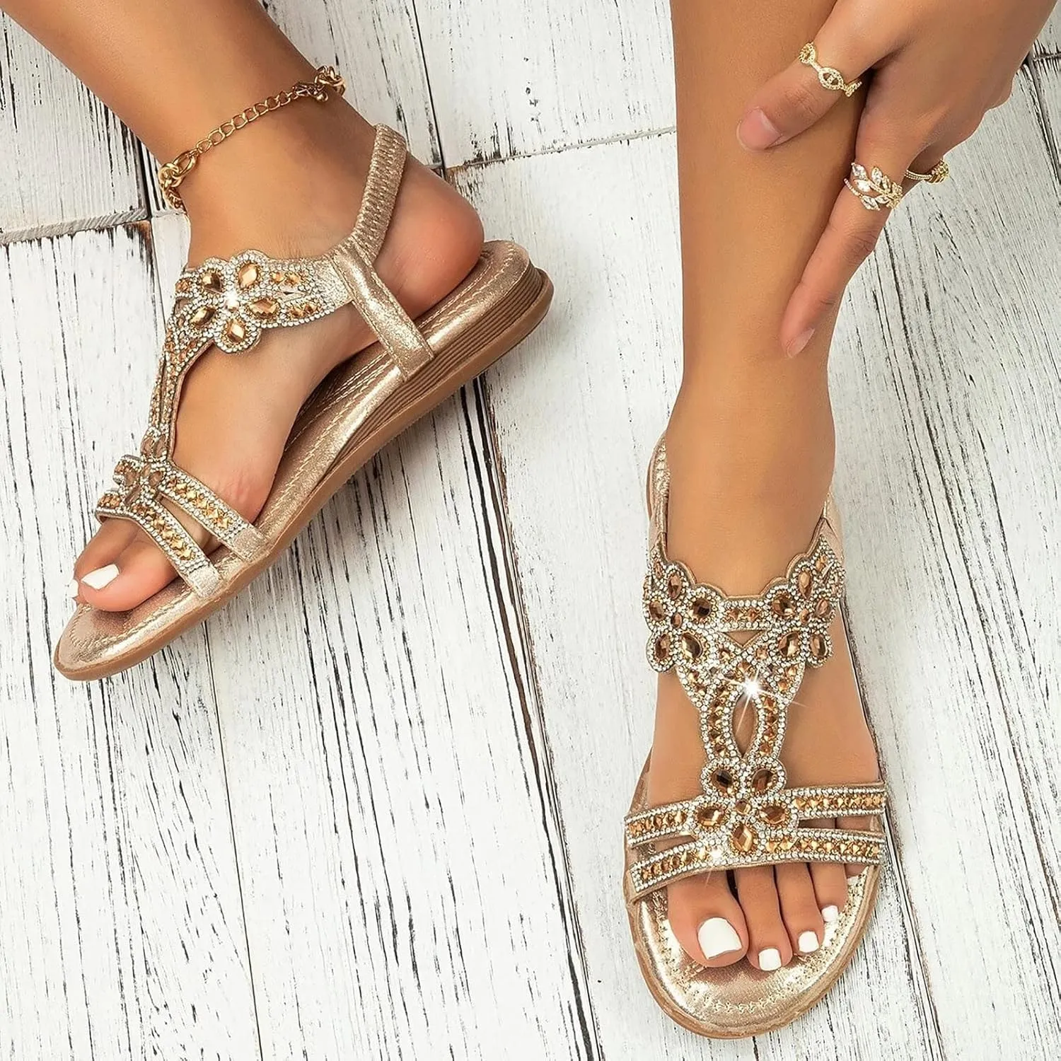 ZBYY Women's Summer Rhinestone Flat Sandals Comfort Bohemian Beach Elastic Ankle Strap Shoes Open Toe Sandals for Women