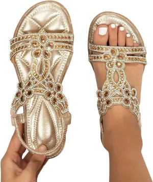 ZBYY Women's Summer Rhinestone Flat Sandals Comfort Bohemian Beach Elastic Ankle Strap Shoes Open Toe Sandals for Women