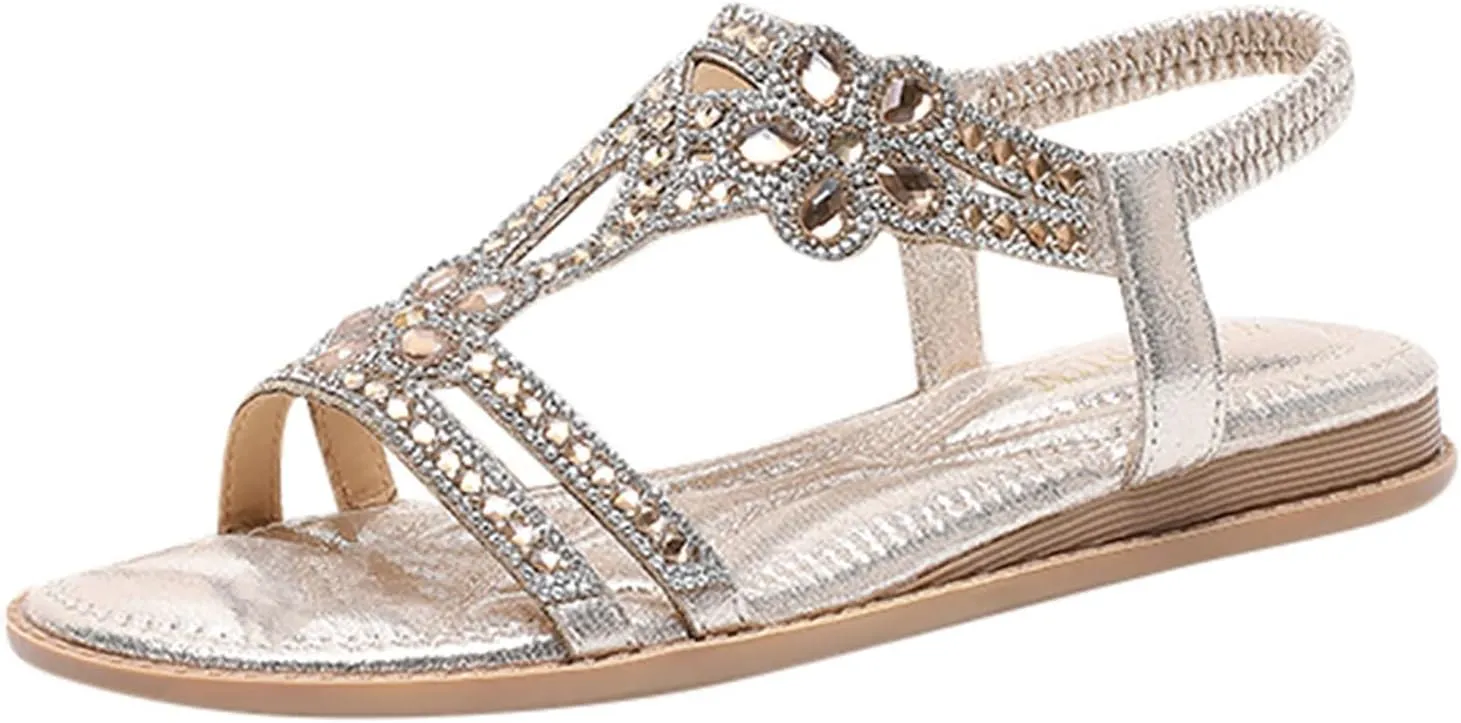 ZBYY Women's Summer Rhinestone Flat Sandals Comfort Bohemian Beach Elastic Ankle Strap Shoes Open Toe Sandals for Women