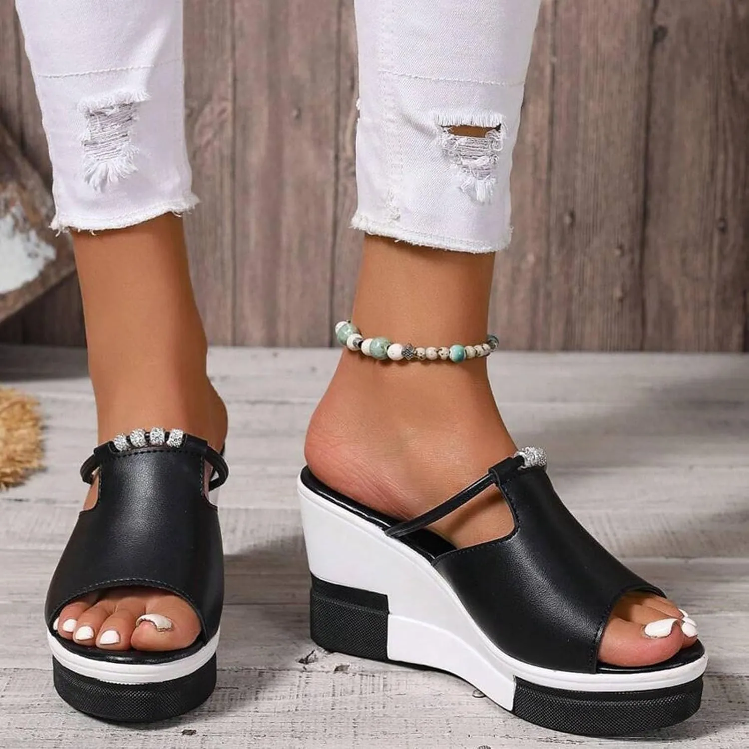 ZSpzx Platform Sandals for Women Wedges Dressy Summer Beach Comfortable Cute Shoes Casual Women's Heels Open Toe Slip On Mules Wedge Womens Slides Fashion Prom Slippers Retro Dress Bohe Ankle Sandal