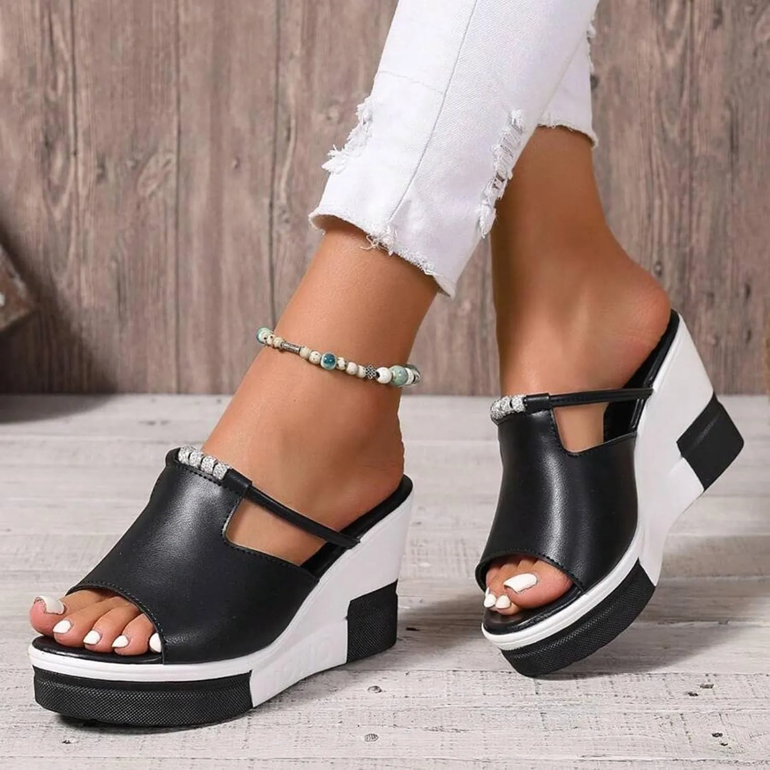 ZSpzx Platform Sandals for Women Wedges Dressy Summer Beach Comfortable Cute Shoes Casual Women's Heels Open Toe Slip On Mules Wedge Womens Slides Fashion Prom Slippers Retro Dress Bohe Ankle Sandal