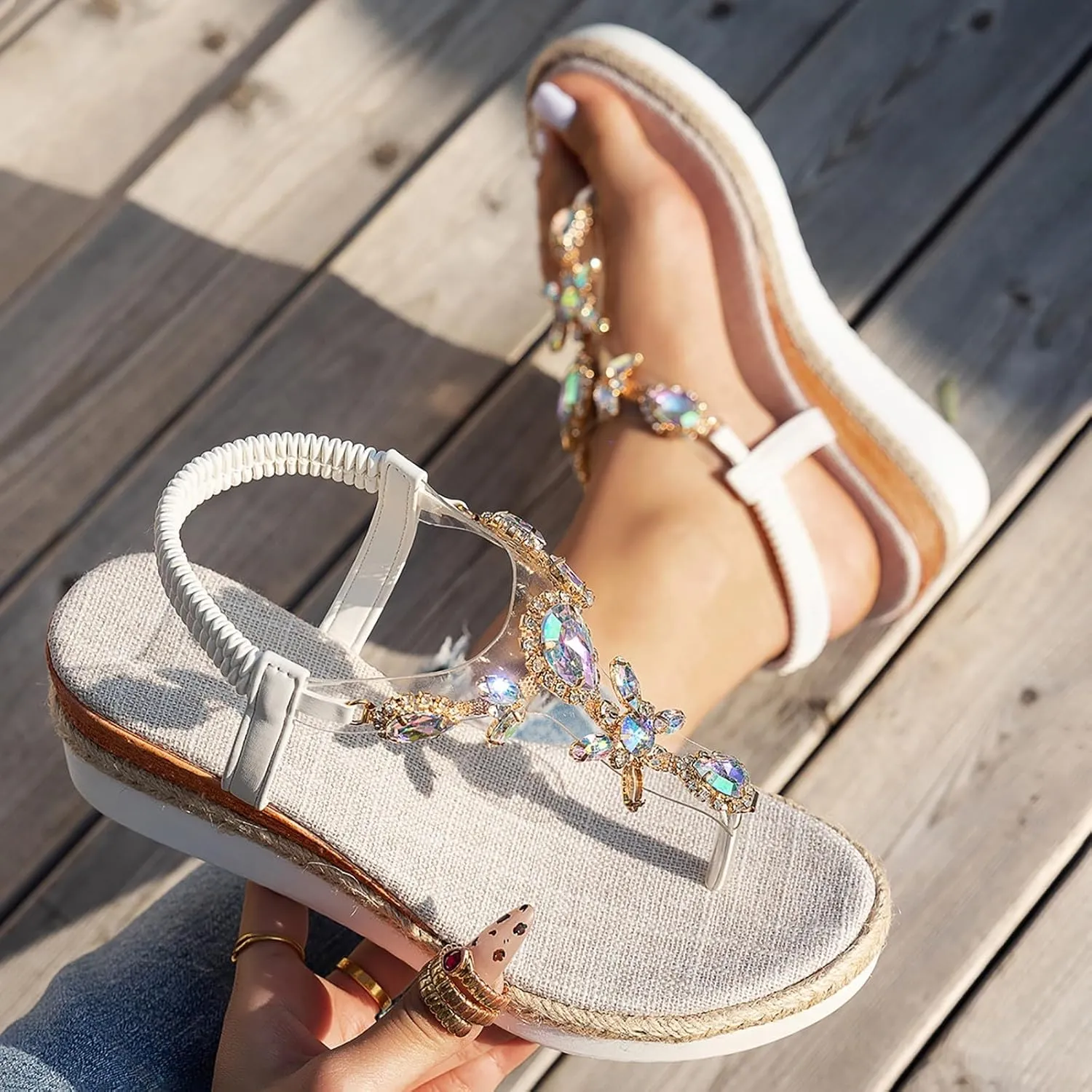 ZSpzx Rhinestone Sandals For Women Dressy Comfortable Open Toe T-Strap Beaded Bohemia Crystal Beach Sandal Slip On Summer Elastic Strap Orthopedic Casual Outdoor Walking Shoes for Daily Wear